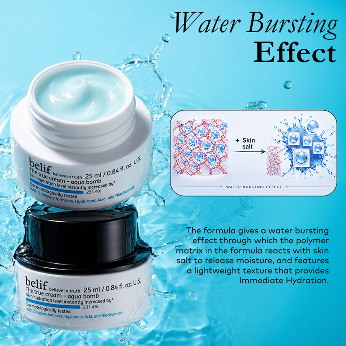 belif The True Cream Aqua Bomb moisturizer jar showcasing its lightweight, hydrating formula for glowing skin