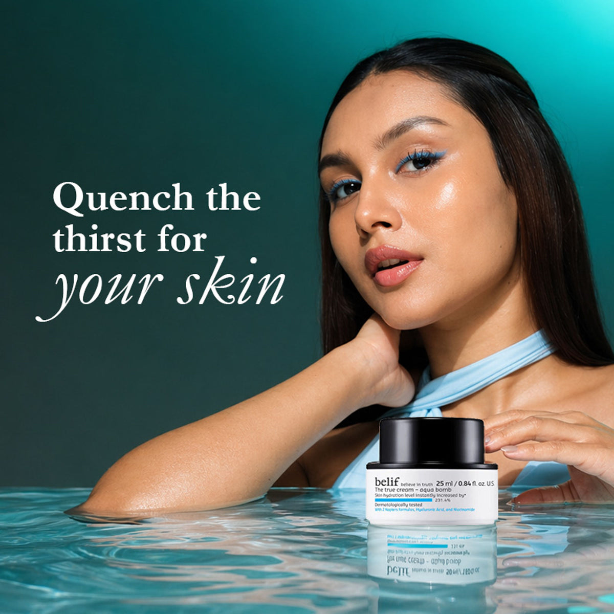 belif The True Cream Aqua Bomb moisturizer in a jar, showcasing its hydrating, dermatologist-tested skincare for improved skin moisture