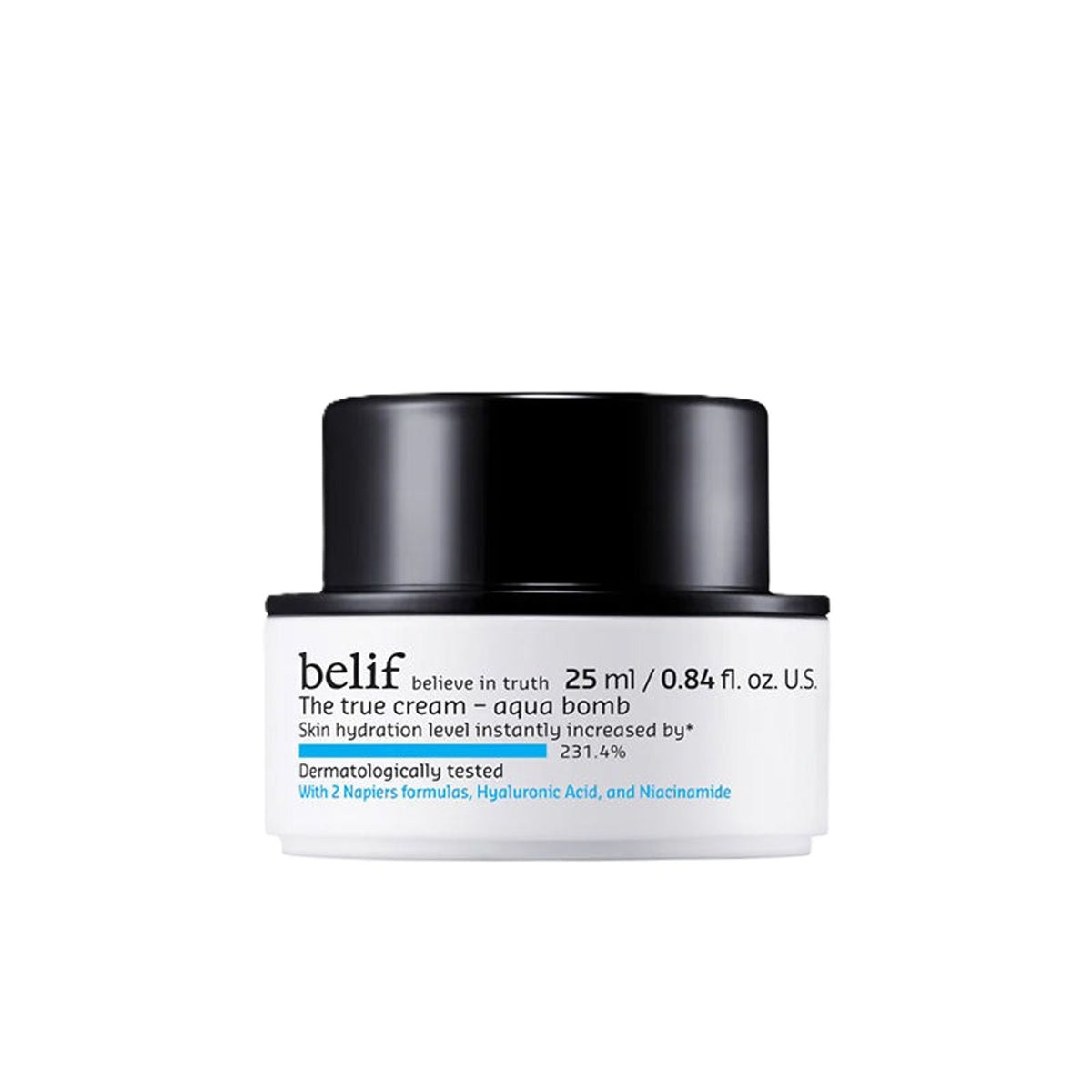 belif The True Cream Aqua Bomb moisturizer jar showing its lightweight, hydrating formula with fresh, blue-colored packaging.