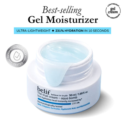 belif The True Cream Aqua Bomb moisturizer in a jar, highlighting its hydrating, dermatologist-tested formula for increased skin hydration