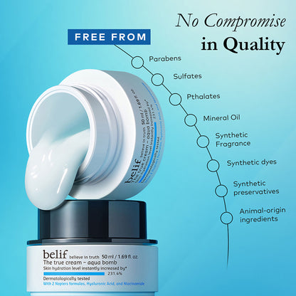 belif The True Cream Aqua Bomb moisturizer in a jar, showing its sleek packaging and fresh, hydrating formula for increased skin moisture