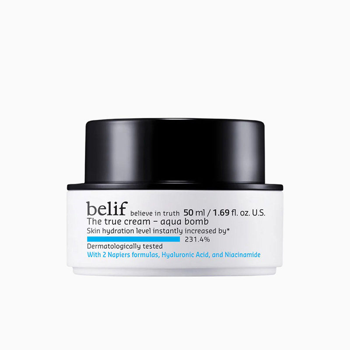 belif The True Cream Aqua Bomb moisturizer jar showing its hydrating, dermat-tested formula for increased skin hydration