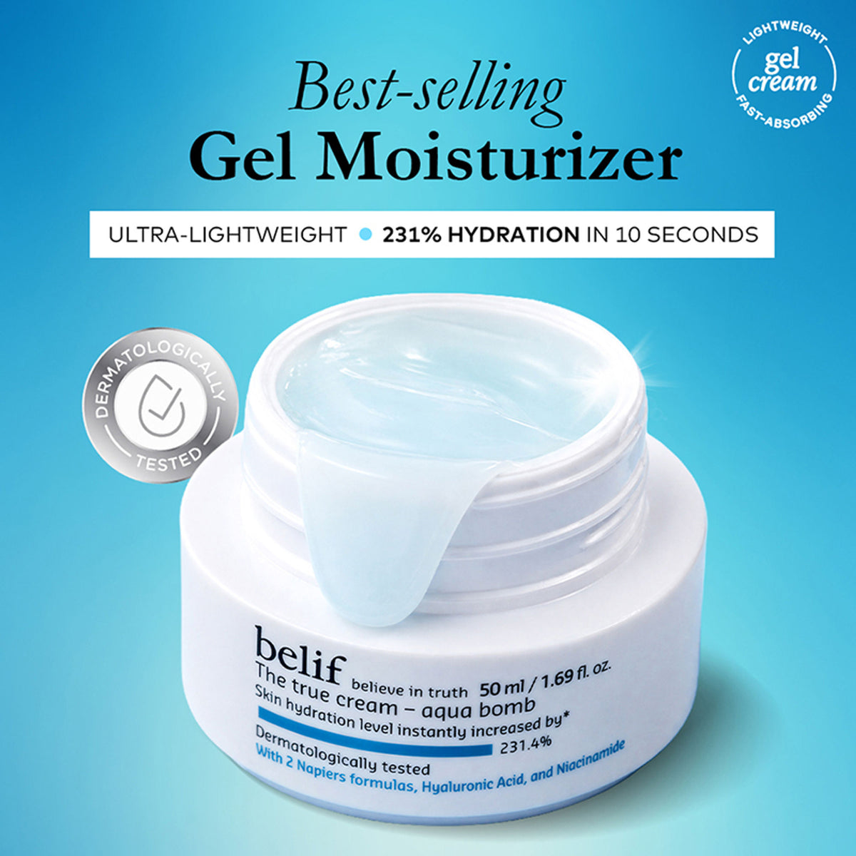 belif The True Cream Aqua Bomb moisturizer jar showing its lightweight, hydrating formula and fresh, blue packaging.