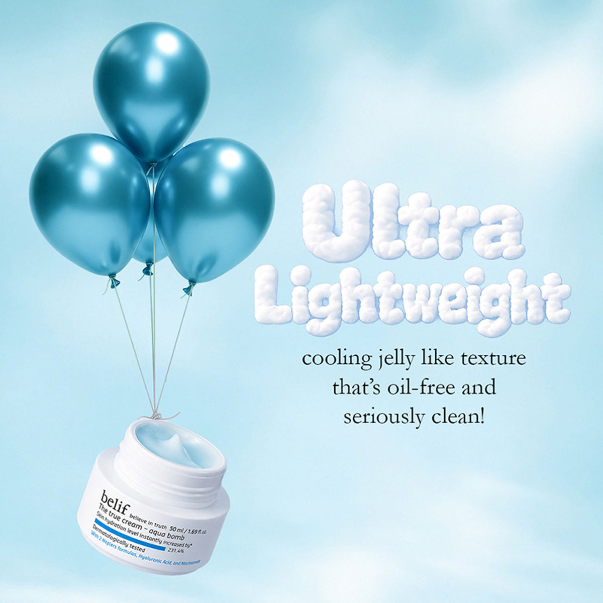 belif The True Cream Aqua Bomb moisturizer in a jar, showcasing the dermat-tested skincare product designed to boost skin hydration
