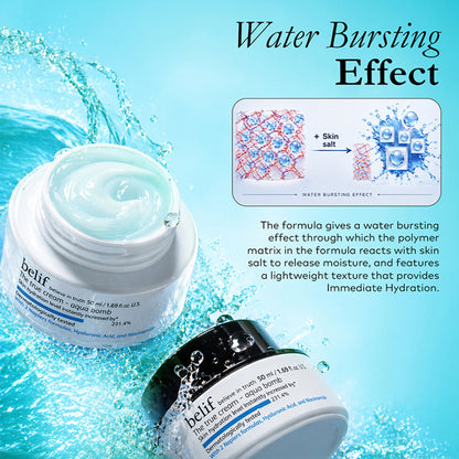 belif The True Cream Aqua Bomb moisturizer in a jar, dermatologist tested, with fresh, hydrating gel texture for glowing skin