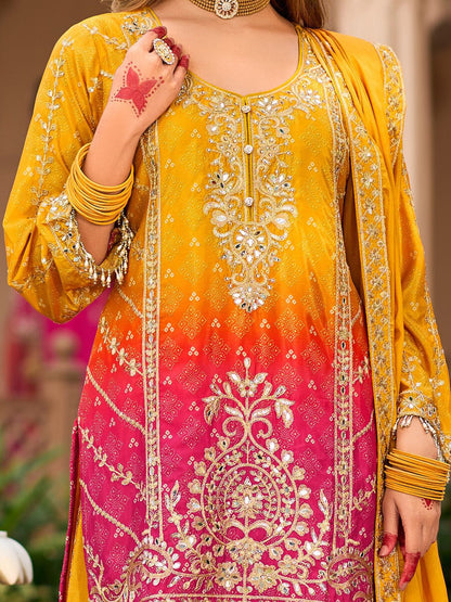 Indyancart IE Floral Embroidered Zari Straight Kurta With Palazzos And Dupatta