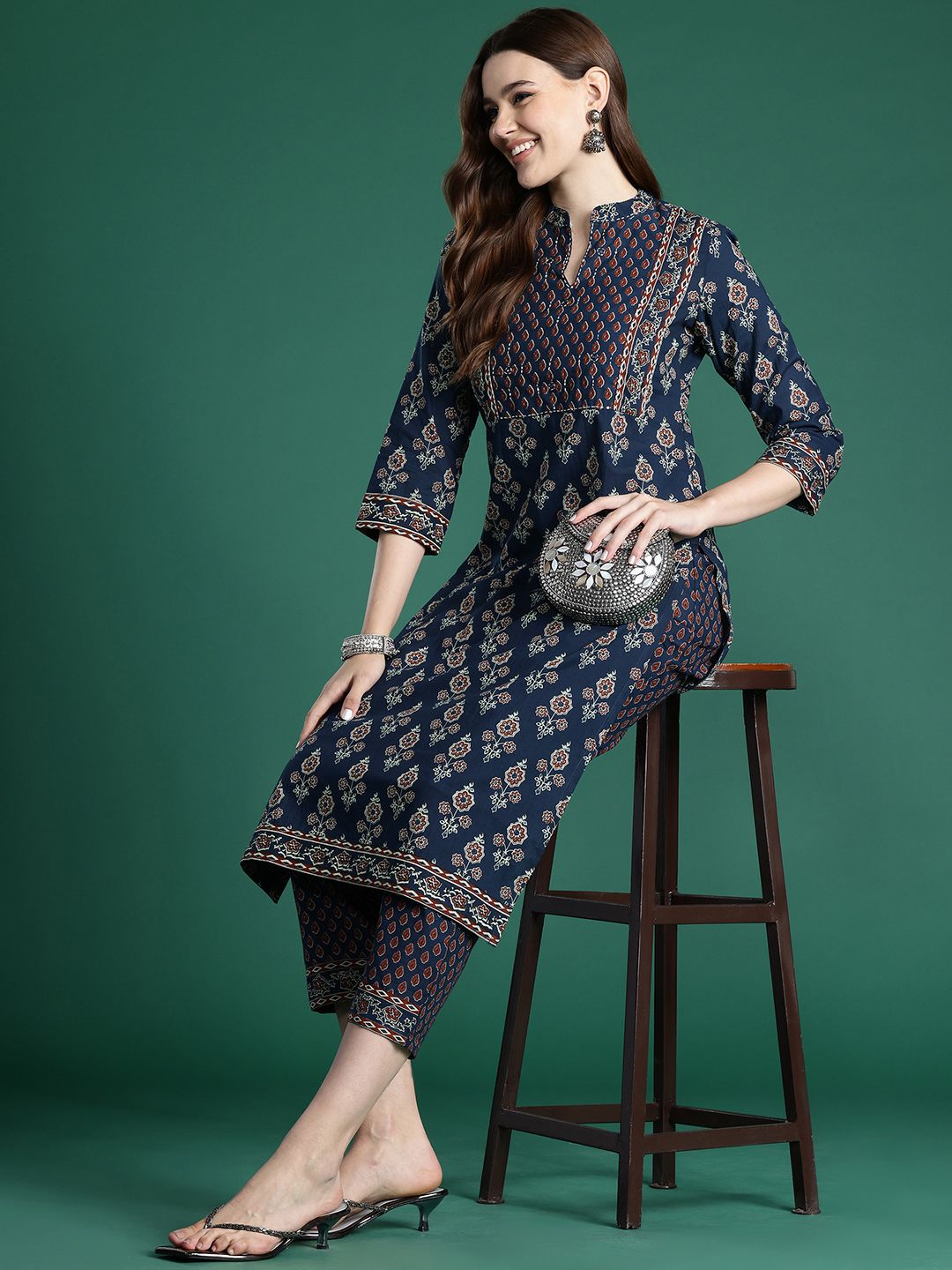 Ethnic Motifs Printed Thread Work Pure Cotton Kurta with Trousers