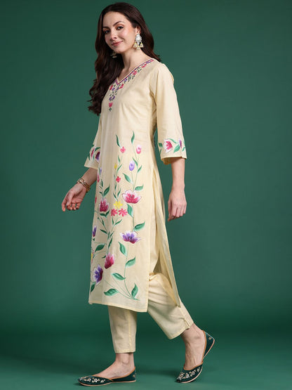 Floral Embroidered Pure Cotton Kurta with Trousers & Dupatta