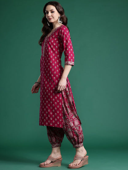 Dhiyona IE Women Floral Printed Regular Pure Cotton Kurta with Salwar & With Dupatta