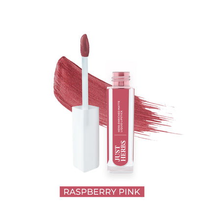 Just Herbs Vegan Matte Liquid Lipstick, Hibiscus Red, Festive Bold & Nourishing - Raspberry Pink