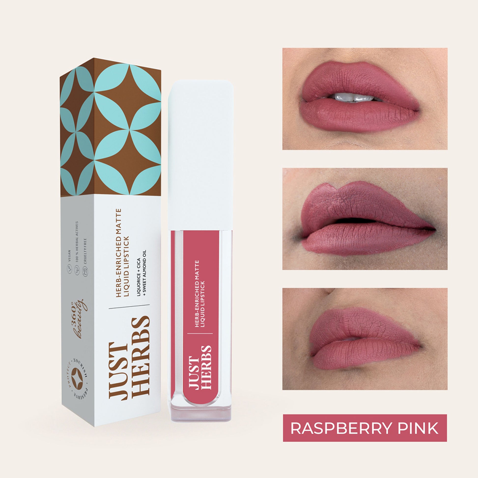 Just Herbs Vegan Matte Liquid Lipstick, Hibiscus Red, Festive Bold & Nourishing - Raspberry Pink