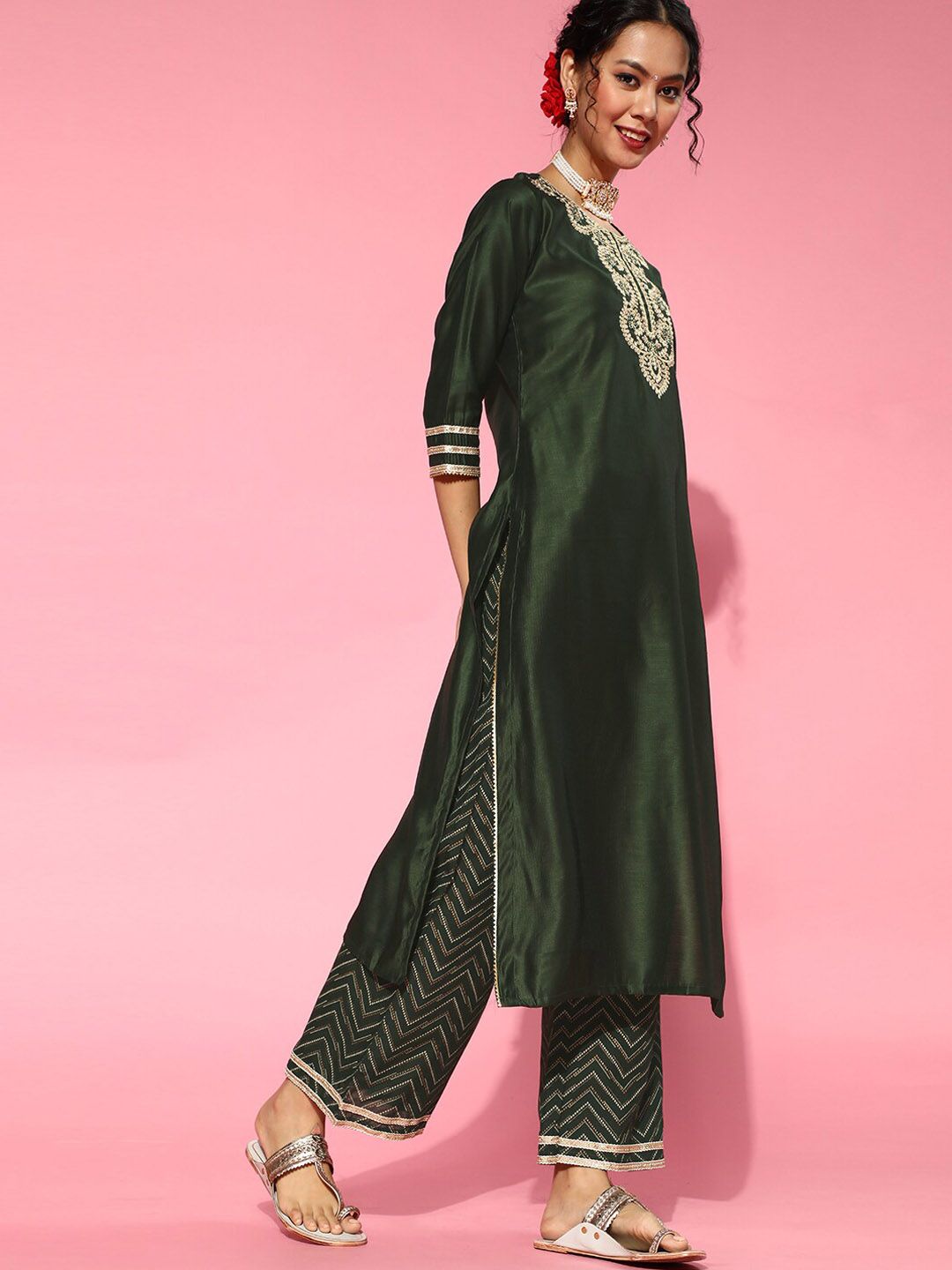 Indyancart IE Green Ethnic Motifs Embroidered Round Neck Straight Kurta with Palazzos & Dupatta