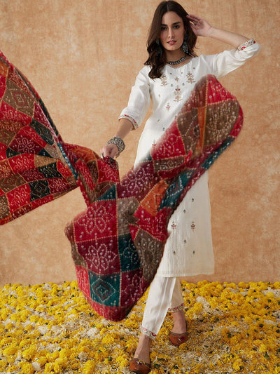 Indyancart SN Women's White Ethnic Motifs Embroidered Thread Work Straight Kurta & Trouser With Dupatta