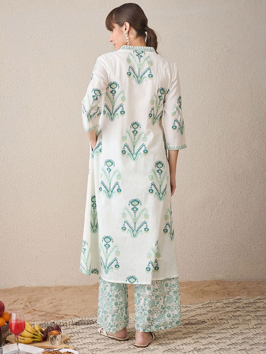 Indyancart IE Floral Printed Pure Cotton V Neck A-Line Tunic And Palazzos