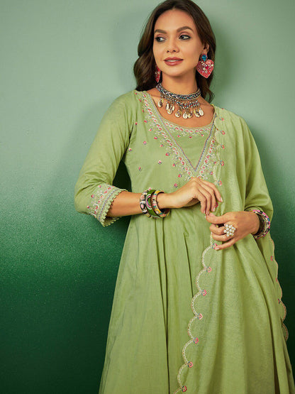Indyancart SN Women's Sequence Embroidered Pure Cotton Anarkali Kurta With Trousers & Dupatta