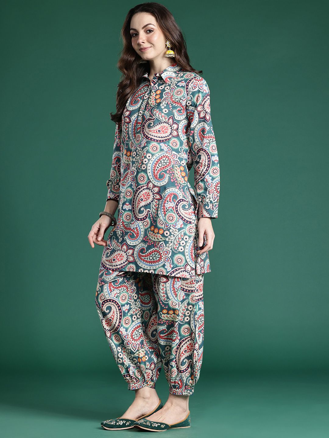 Indyancart IE Paisley Printed Pure Cotton Kurta with Salwar