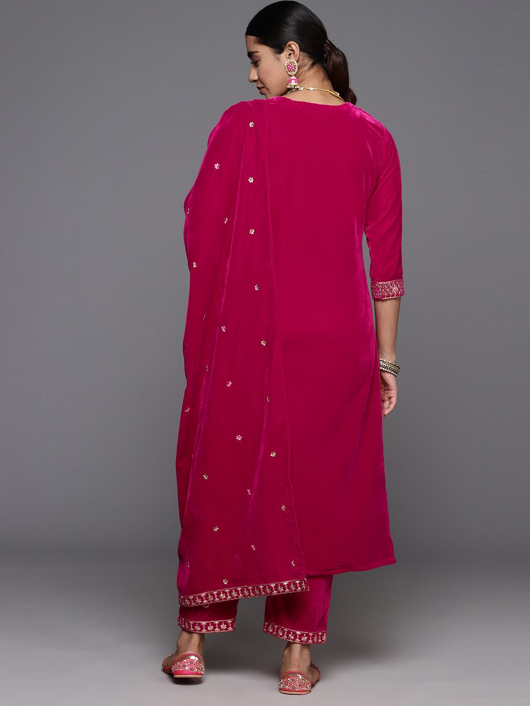 Indyancart VA Women'sFloral Zari Embroidered Velvet Kurta with Trouser & Velvet Dupatta