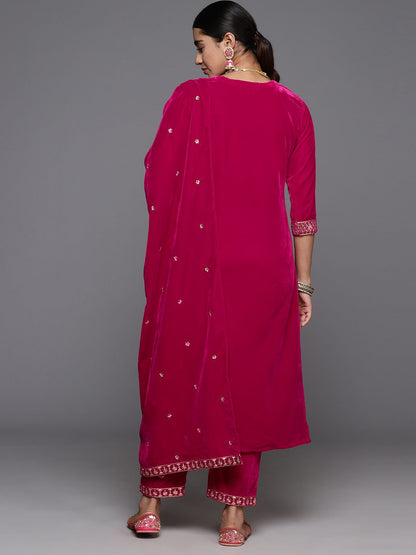 Indyancart VA Women'sFloral Zari Embroidered Velvet Kurta with Trouser & Velvet Dupatta