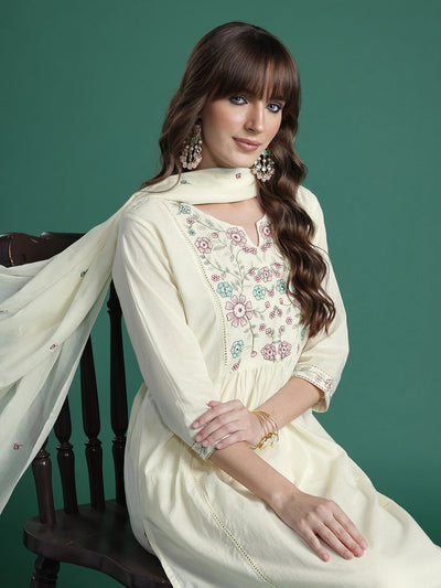 Indyancart IE Floral Embroidered Pure Cotton Kurta with Trousers & Dupatta