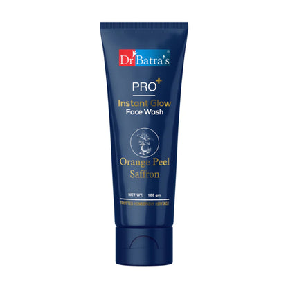 Dr Batra's PRO+ Instant Glow Face Wash showing a clear tube with white liquid, designed to rejuvenate skin and protect against impurities.