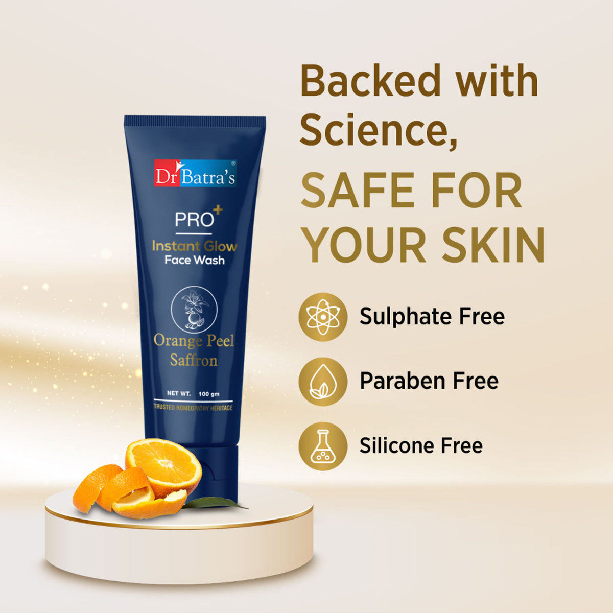 Dr Batra's PRO+ Instant Glow Face Wash with natural ingredients, showing a clear bottle and fresh face, highlighting skin rejuvenation.