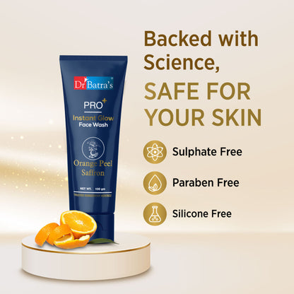 Dr Batra's PRO+ Instant Glow Face Wash with natural ingredients, showing a clear bottle and fresh face, highlighting skin rejuvenation.