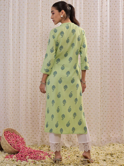 Dhiyona IE Green Floral Printed Mandarin Collar Straight Kurta