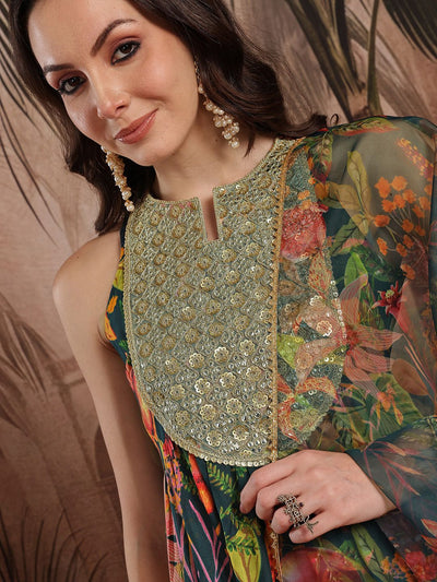 Indyancart SN Women's Floral Printed Pleated Sequinned Kurta with Dhoti Pants & Dupatta