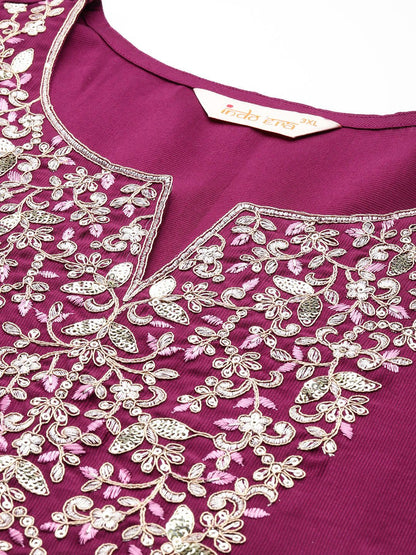 Indyancart IE Plus Size Ethnic Motifs Embroidered Liva Kurta with Trousers & With Dupatta