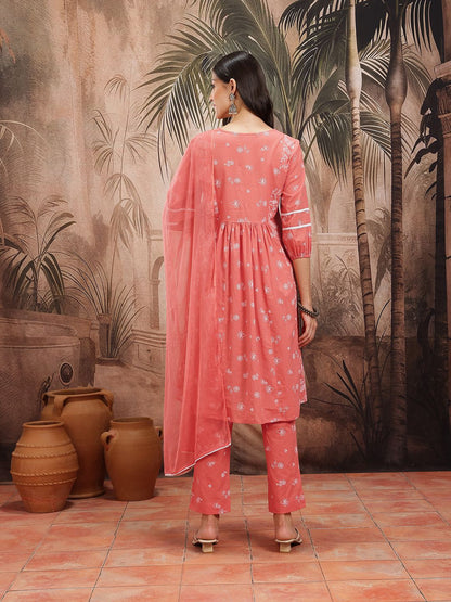 Indyancart SN Women's Floral Printed Pleated Pure Cotton Kurta with Trousers & Dupatta