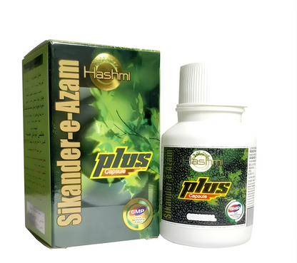 Hashmi Sikander-E-Azam Plus Ayurvedic capsules in a bottle, designed to support men's wellness and vitality.