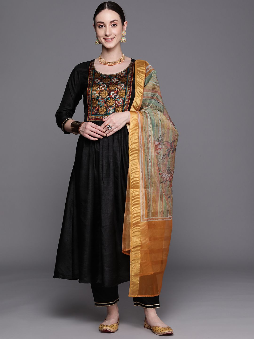 Indyancart IE Women Black Yoke Design Empire Kurta With Trousers & Dupatta