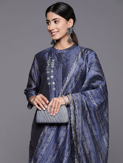Indyancart VA Women'sBandhani Printed Regular Mirror Work Kurta with Trousers & With Dupatta