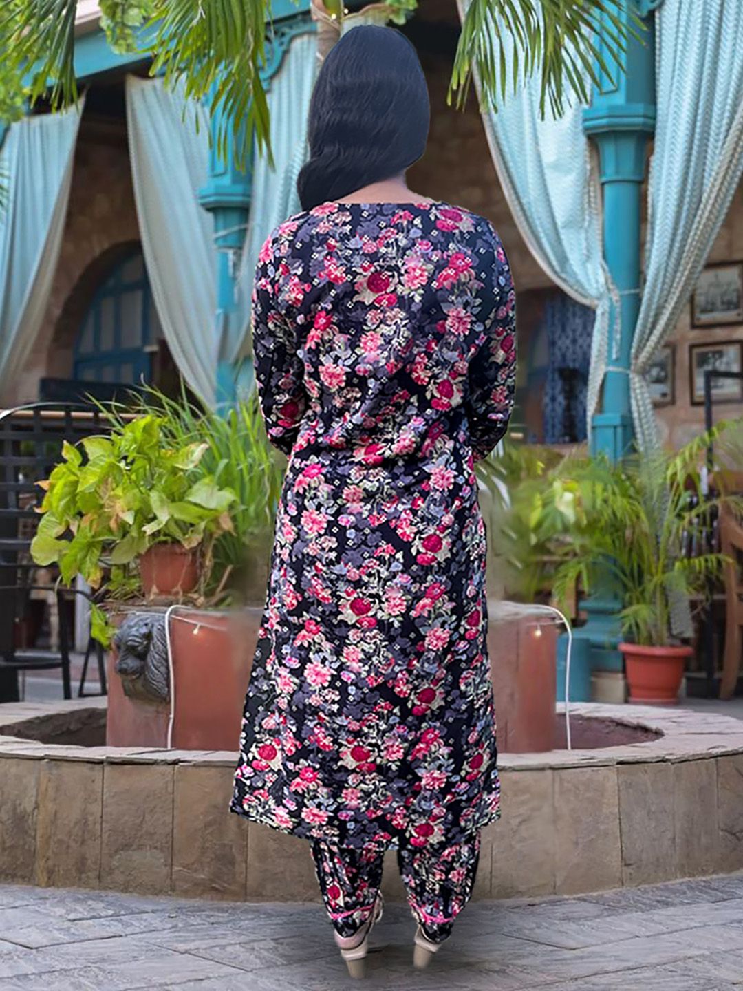 Indyancart VA Women'sFloral Embellished Kurta Paired With Afghani Trouser & Dupatta