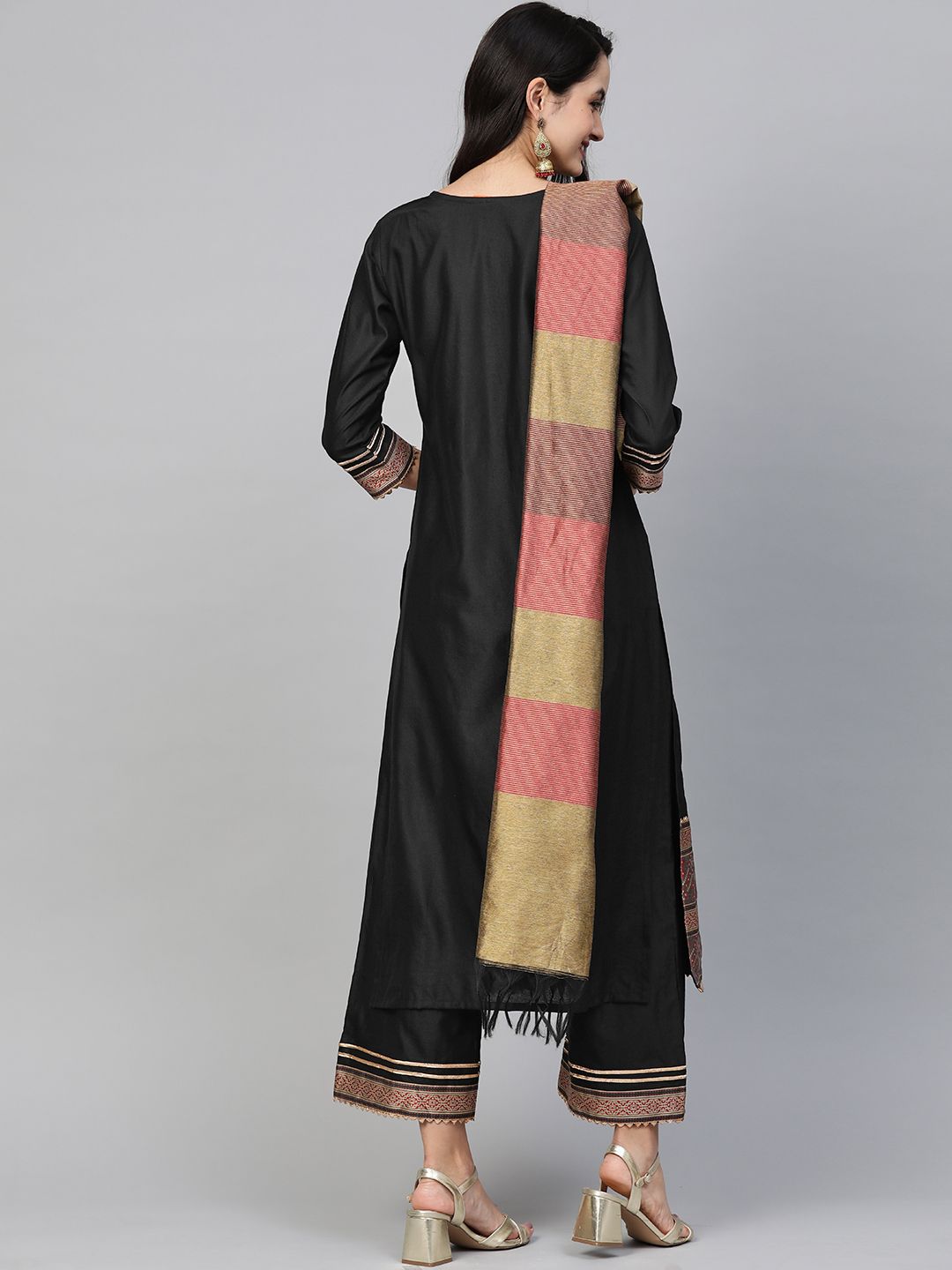 Indyancart IE Women Black & Golden Solid Kurta with Palazzos & Dupatta