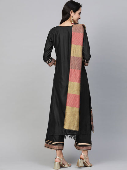 Indyancart IE Women Black & Golden Solid Kurta with Palazzos & Dupatta