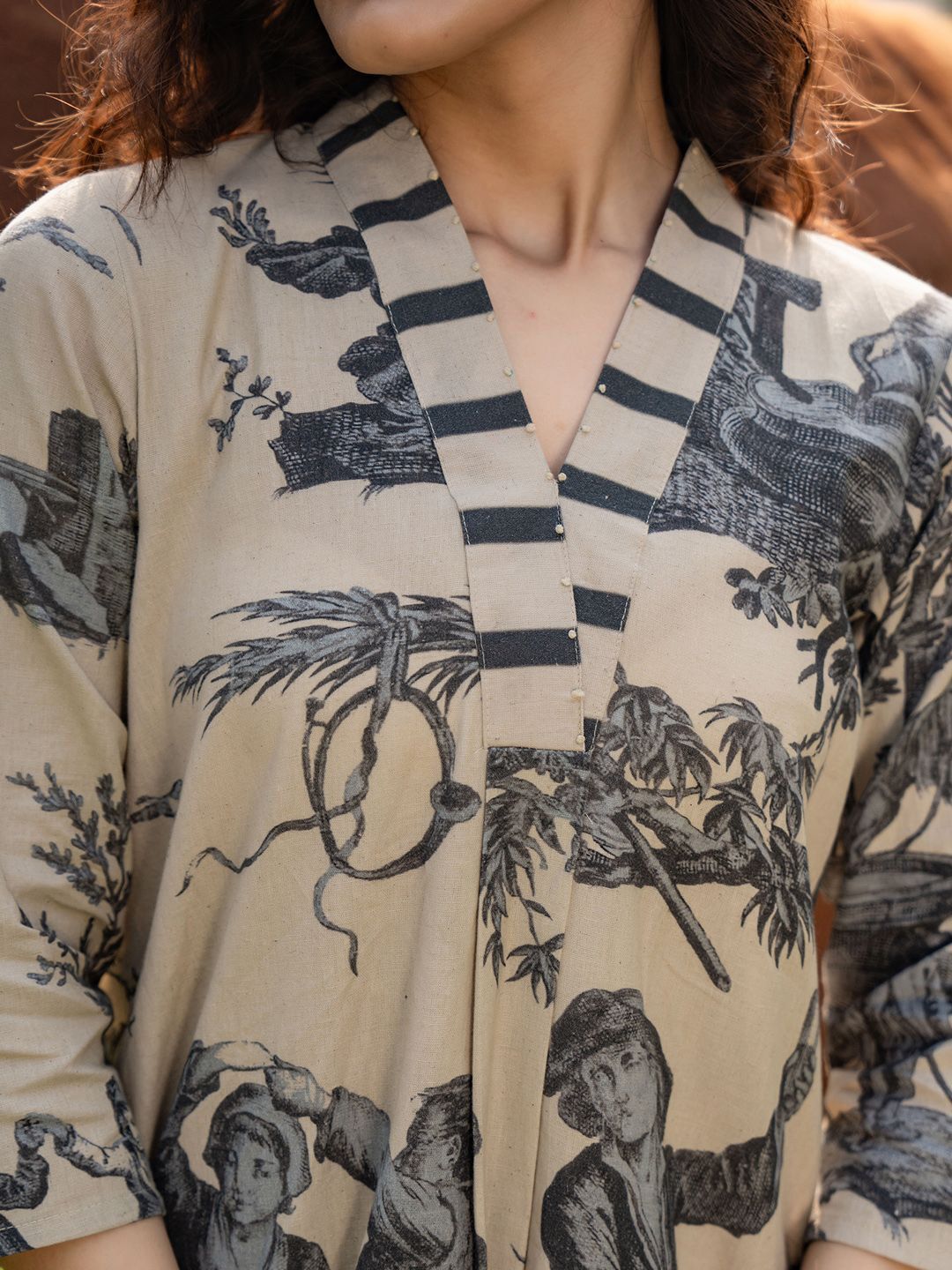 Tribal Printed V-Neck Linen Straight Kurta With Trouser