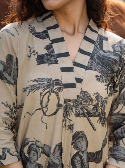 Tribal Printed V-Neck Linen Straight Kurta With Trouser