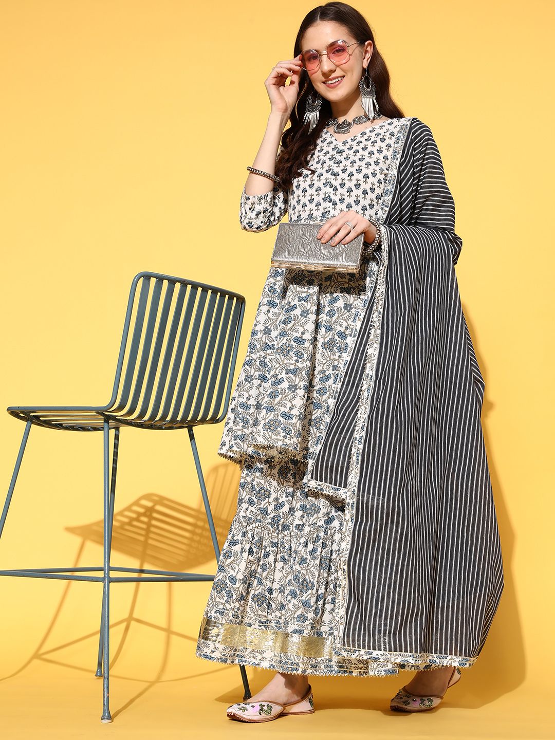Indyancart VA Women's Floral Printed Empire Pure Cotton Kurta with Sharara & With Dupatta
