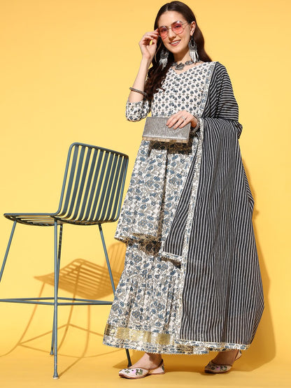 Indyancart VA Women's Floral Printed Empire Pure Cotton Kurta with Sharara & With Dupatta