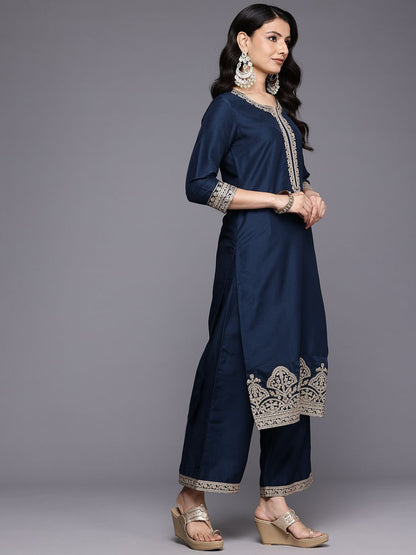 Indyancart VA Ethnic Motifs Embroidered Zari Kurta With Palazzos & Dupatta