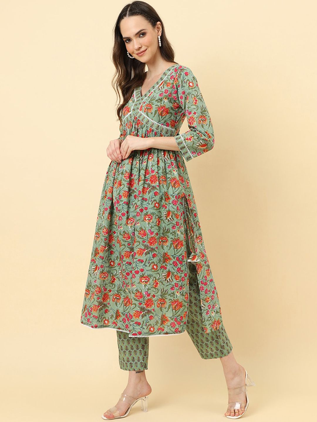 Indyancart VA Women'sFloral Printed A-Line Pleated Pure Cotton Kurta with Trousers & Dupatta