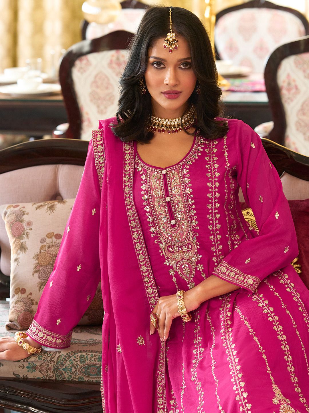 Women Floral Embroidered Kurta with Palazzo & Dupatta