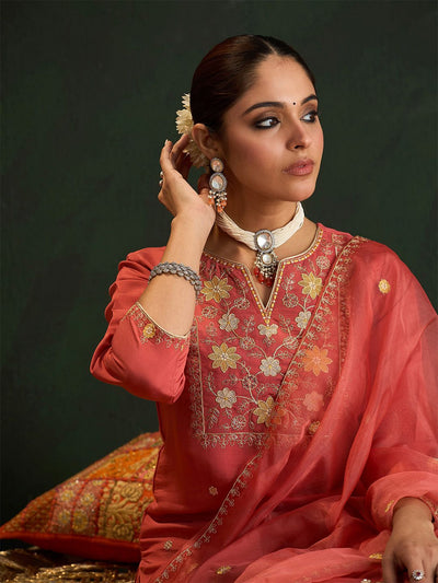 Dhiyona IE Women Floral Embroidered Regular Sequinned Kurta with Trousers & With Dupatta