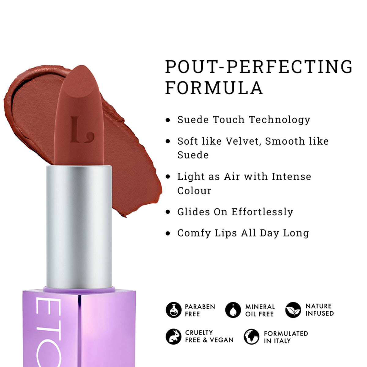 LOVETC High Definition Matte Lipstick in Cozy Love, transfer-proof and non-drying with a smooth, rich lipstick application.