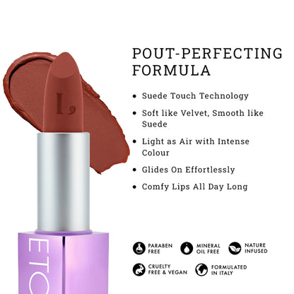 LOVETC High Definition Matte Lipstick in Cozy Love, transfer-proof and non-drying with a smooth, rich lipstick application.