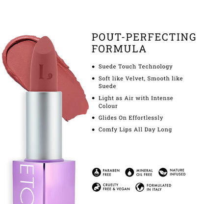 LOVETC High Definition Matte Lipstick in bare and bold shades, transfer-proof and non-drying, with a sleek lipstick bullet.