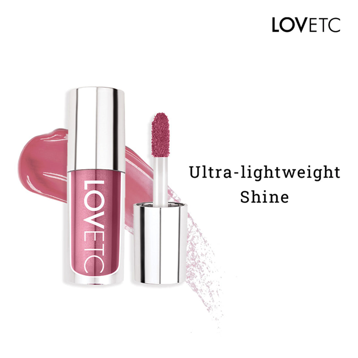 LOVETC High Glaze Tinted Lip Gloss in Barely Blushing with mirror shine, non-sticky formula, infused with hyaluronic acid.
