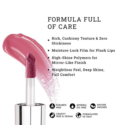 LOVETC High Glaze Tinted Lip Gloss in Barely Blushing with mirror shine, non-sticky formula, infused with hyaluronic acid.
