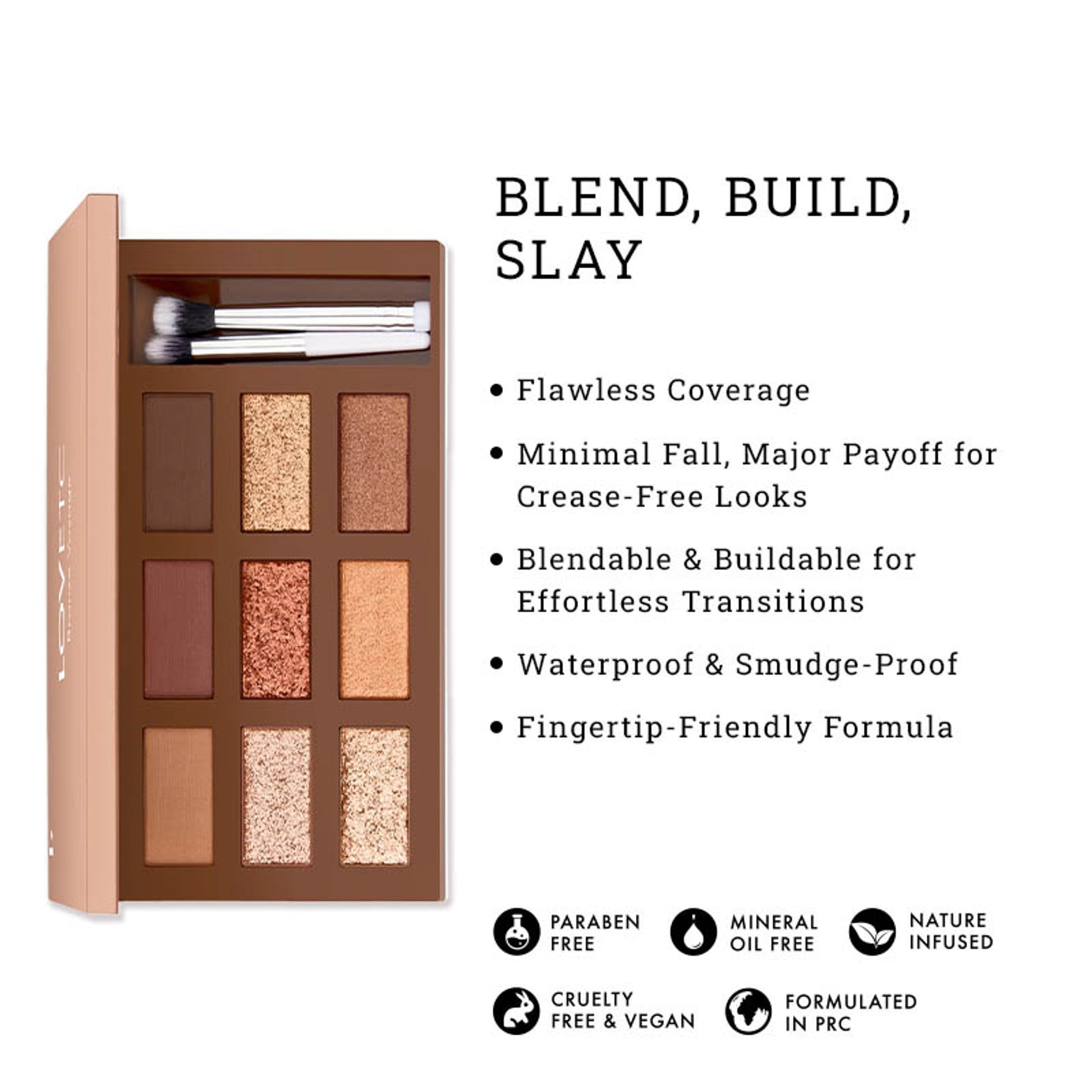 LOVETC Eyeshadow Palette With Brush, 9-in-1 Shades, Water & Smudge Proof - Bronze Voyage